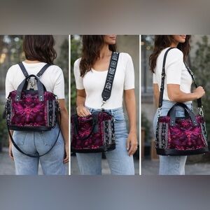 DC Convertible Crossbody Backpack in Magenta Pattern with Black Trim